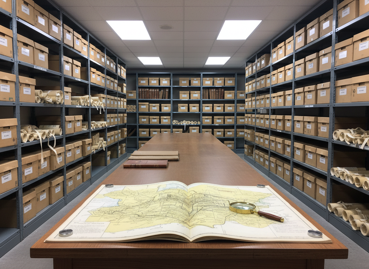 An archival room dedicated to Central Missouri history, lined with tall steel shelving units filled with carefully labeled acid-free boxes, leather-bound ledgers, and rolled maps tied with cotton ribbons. A large flat workspace in the center holds an open, yellowed plat map of a historic township, weighted at the corners, with an antique brass magnifying glass resting nearby. Overhead, neutral LED panel lights provide even, shadow-free illumination, revealing every crease and ink line on the documents. The composition, captured in photographic realism at a slightly elevated angle, focuses on the open map in the foreground while the shelving recedes in orderly perspective. The mood is methodical and professional, conveying meticulous preservation and research, with a clean, controlled atmosphere and subdued, earthy color palette of browns, creams, and soft grays.