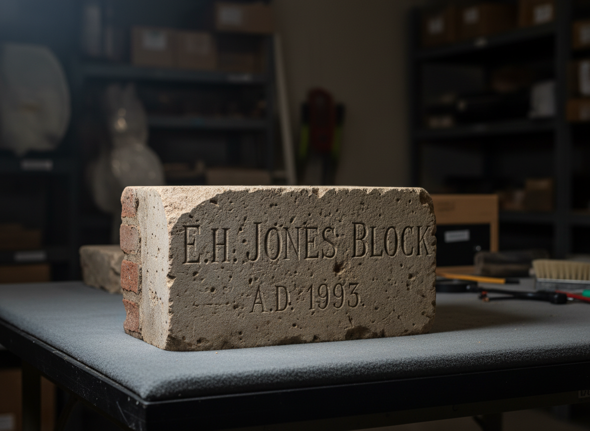 A close-up, photographic realism image of an intricately carved cornerstone removed from a demolished Central Missouri building, resting on a padded archival table. The pale limestone block bears chiseled lettering with a date from the late 1800s, its edges softened and pitted by decades of weather. Fine dust clings to recessed areas, while faint traces of red brick mortar remain along one side. Cool, directional studio lighting from the left creates crisp highlights on raised carvings and deep, dramatic shadows in the engraved text, emphasizing texture. The background is intentionally out of focus, showing only indistinct shelving and archival tools. Framed tightly with a shallow depth of field, the composition feels intimate and scholarly, underscoring the importance of salvaged architectural details in preserving local stories.
