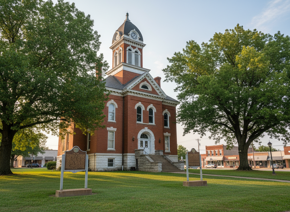 A weathered red-brick county courthouse from the late 19th century stands prominently in a small Missouri town square, its white limestone foundation and ornate clock tower showing subtle signs of age. The building is surrounded by mature oaks and a neatly trimmed lawn, with historic metal plaques mounted near the wide stone steps. Soft golden-hour sunlight grazes the facade, highlighting intricate brickwork and casting long, gentle shadows across the grass. Photographed at eye level in photographic realism, the composition follows the rule of thirds, with the courthouse slightly off-center and the sky a soft, pale blue. The mood is respectful and nostalgic, emphasizing quiet preservation and enduring civic history, with crisp focus throughout and a slightly blurred background of modest Main Street storefronts.