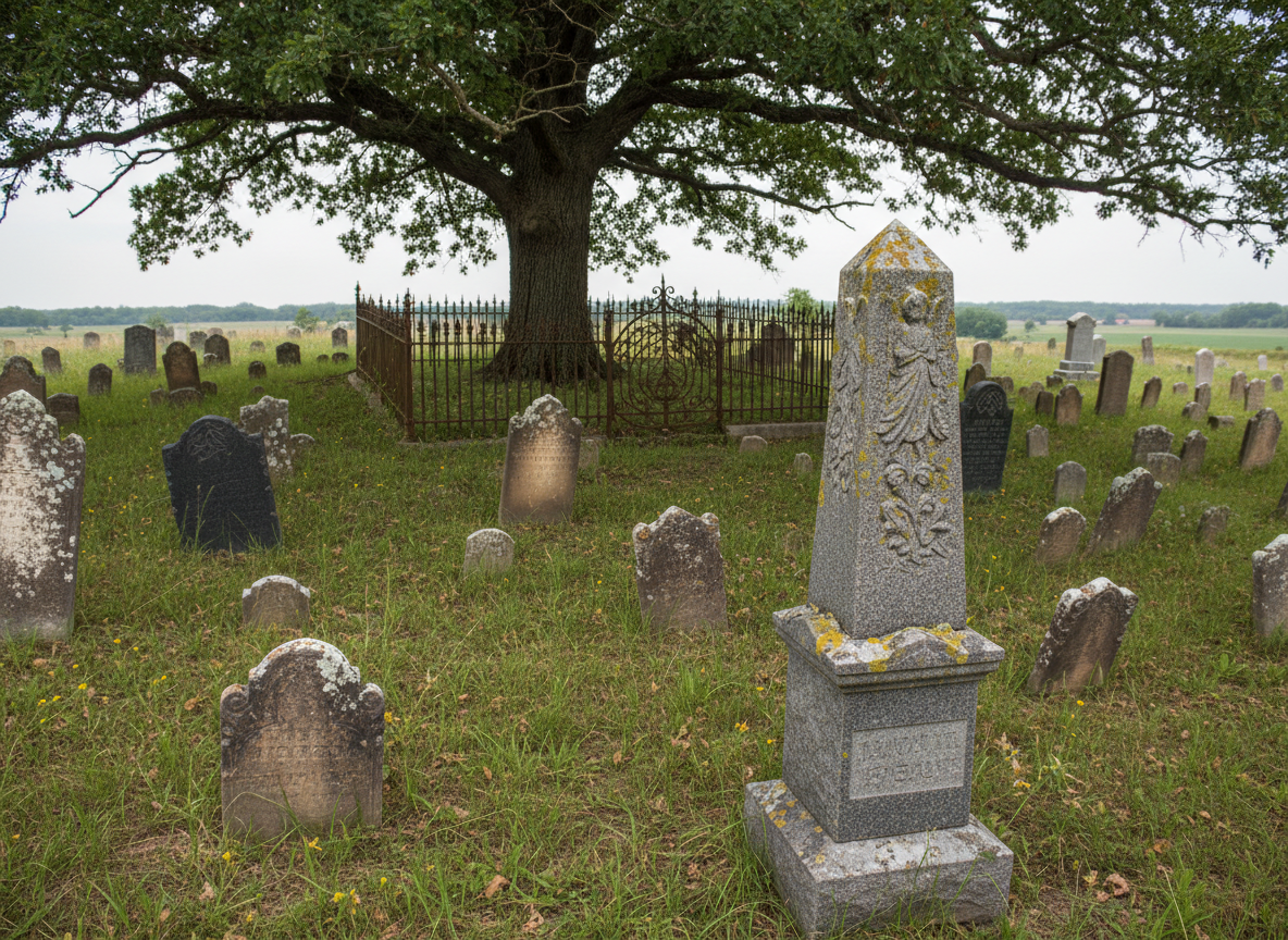 An old rural cemetery on a gentle Missouri hillside, dotted with weathered limestone and granite headstones, some leaning slightly with time. Lichens and moss trace pale green patterns across carved names and dates from the 1800s. Wrought-iron fencing, rusted but intact, frames a family plot beneath a sprawling oak tree whose branches cast dappled shade across the ground. The scene is lit by diffused overcast daylight, softening contrasts and creating a calm, contemplative mood. Shot from a slightly elevated angle in photographic realism, the composition uses shallow depth of field to keep a single ornate headstone in sharp focus while the surrounding markers and distant rolling fields fade gently into a muted background, evoking reverence and quiet memory.